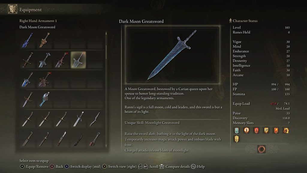 Dark Moon Greatsword in Elden Ring